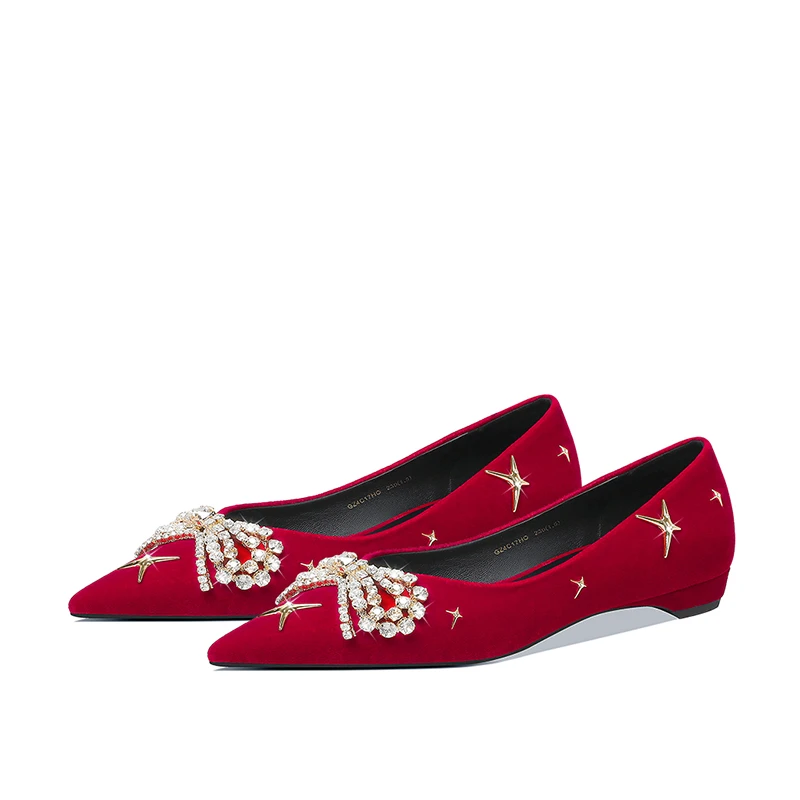 小众设计师原创款红色真丝绒平底鞋女新款低跟水钻蝴蝶结单鞋