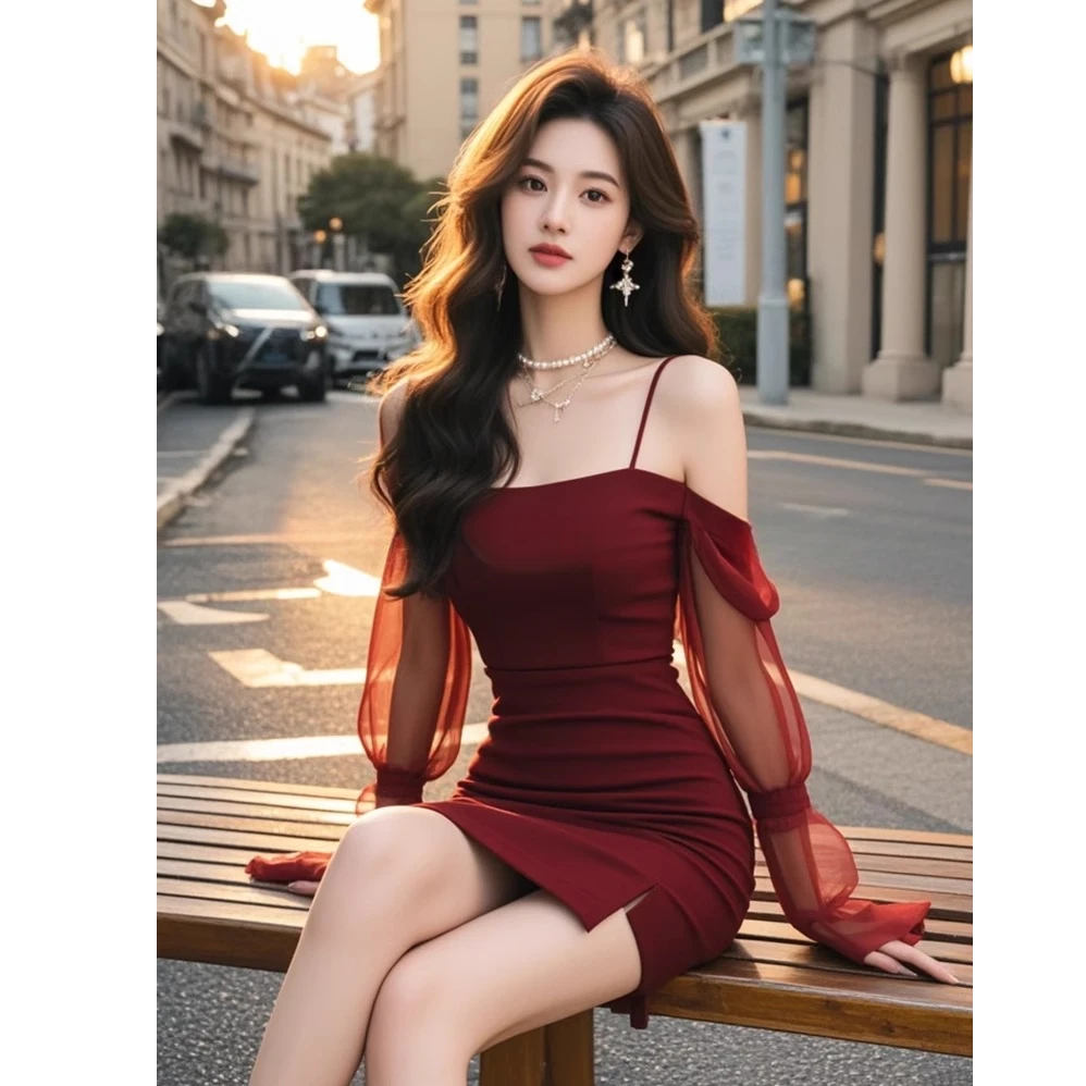 【YiJia】复古红色吊带一字领露肩网纱拼接连衣裙女装秋季时尚裙