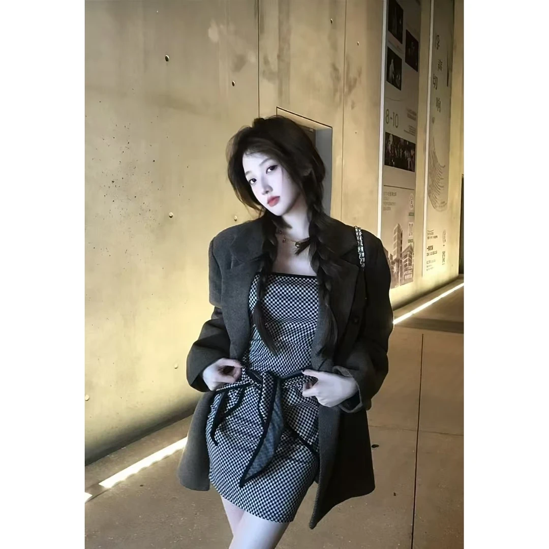 【YIjia】纯欲性感千鸟格抹胸连衣裙女秋韩版宽松英伦风西装外套