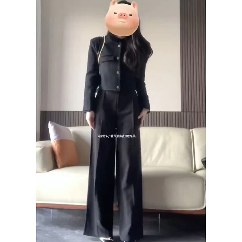 【YiJia】慵懒风时尚套装洋气黑色宽松小香外套内搭长袖上衣休闲裤