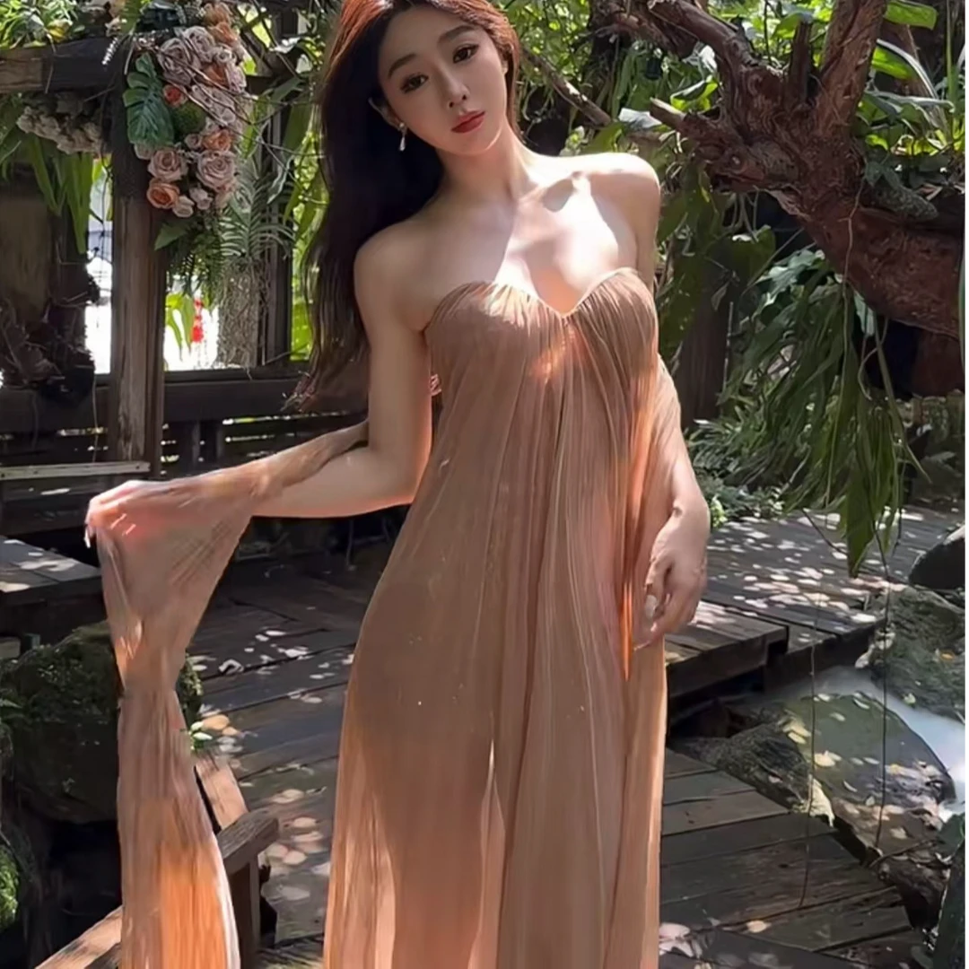 【YIjia】高级感抹胸网纱飘带连衣裙女夏季2024性感露背礼服长裙