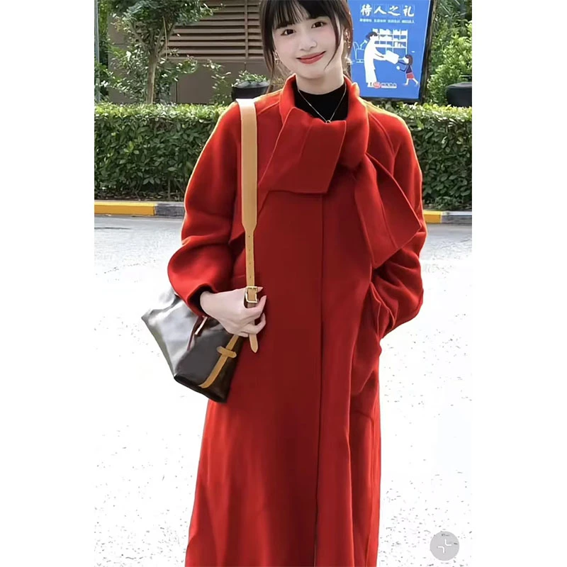 【Yijia】气质时尚圣诞新年穿搭红色风衣外套女秋冬宽松中长款大衣