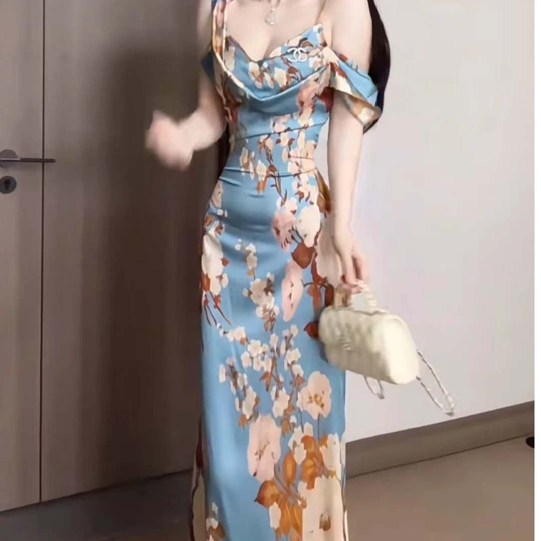 【YIjia】设计感不规则荡领吊带连衣裙法式印花礼服时尚气质显瘦