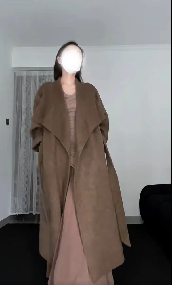 【YiJia】翻领长款双面毛呢大衣女秋冬慵懒风呢子外套不规则连衣裙
