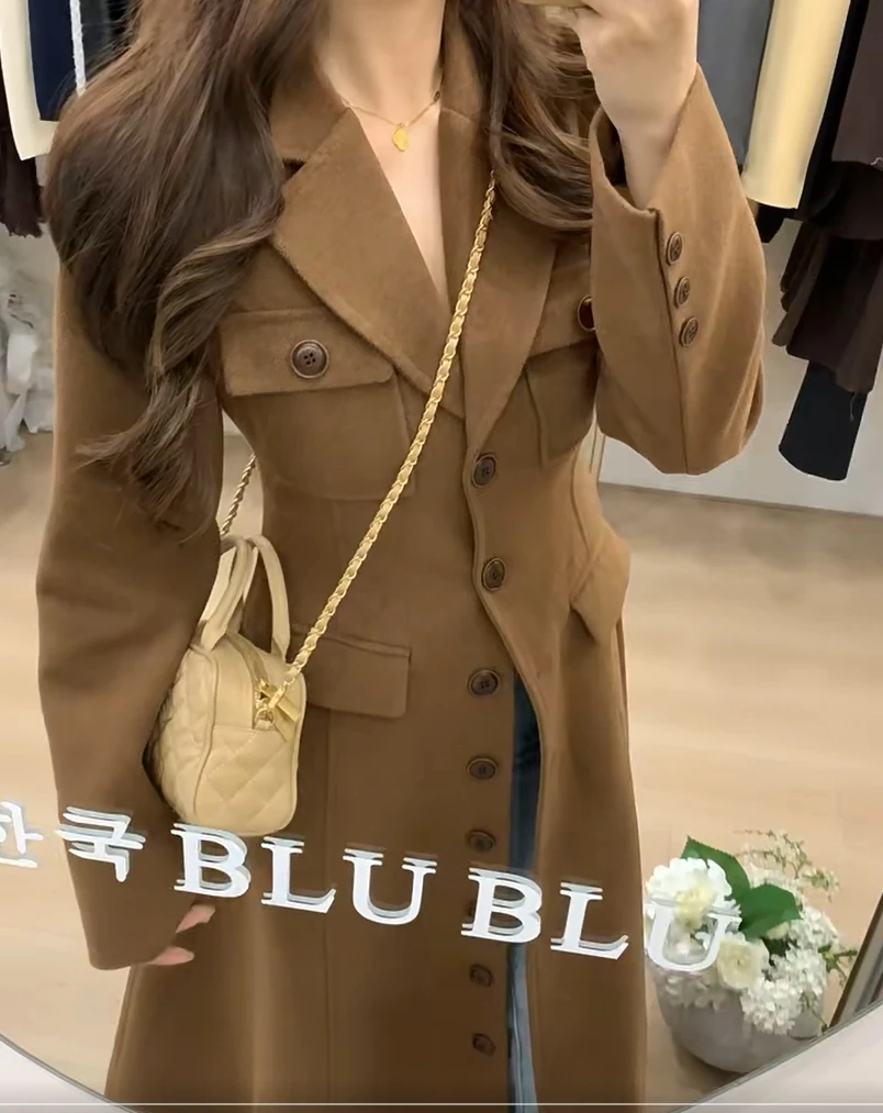 【YiJia】2024秋冬季法式复古呢子外套气质收腰显瘦长款毛呢大衣女