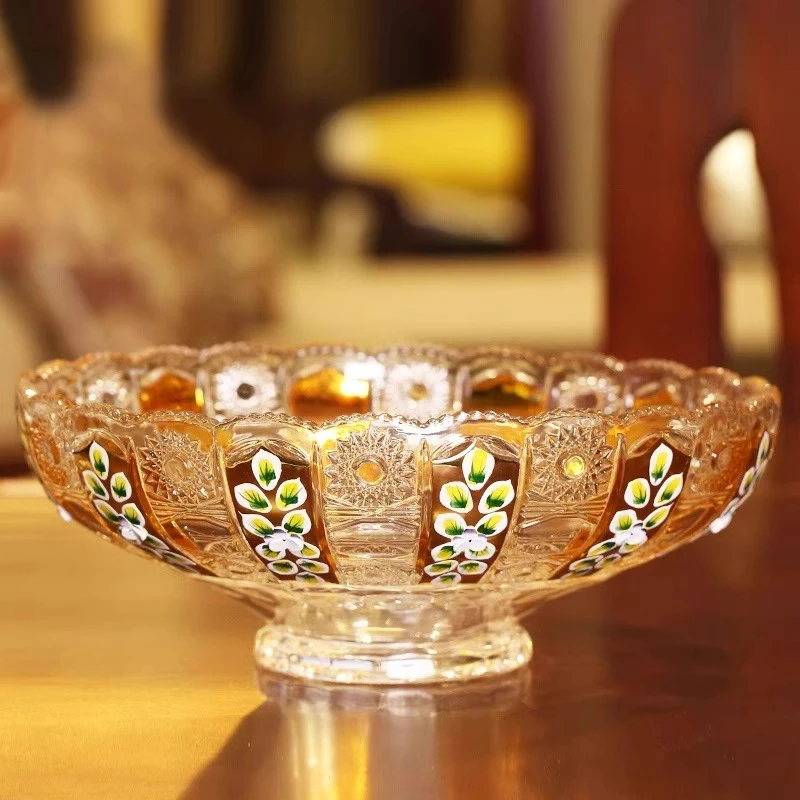 珐琅花水晶玻璃水果盘果斗描金高脚糖缸零食盒轻奢客厅装饰品摆件