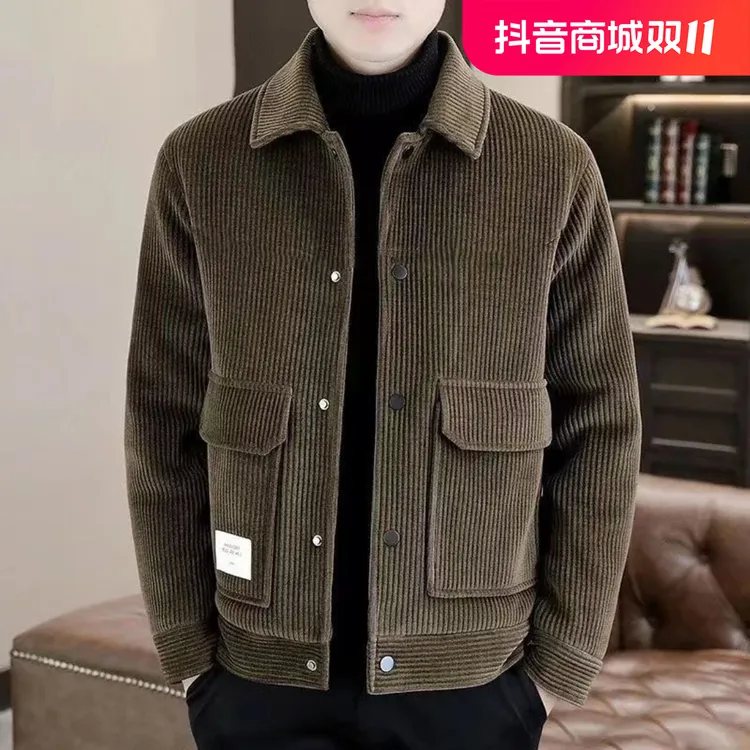 2024新款韩版潮流翻领灯芯绒百搭夹克衫帅气青年秋冬季休闲男外套