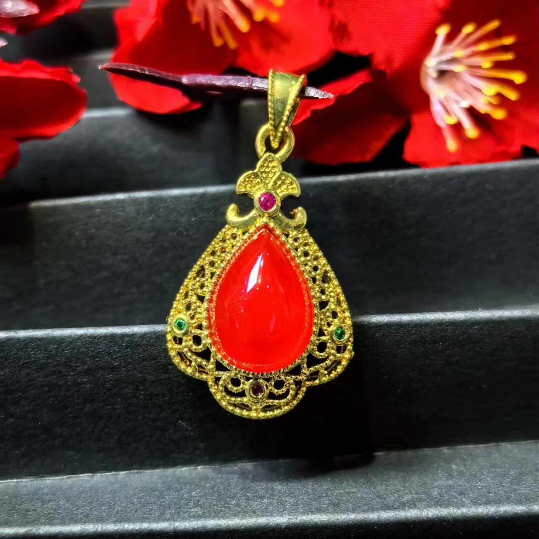 江德洋珠宝ST1998九品雪域龙皇参玛瑙红水滴吊坠-配皮绳