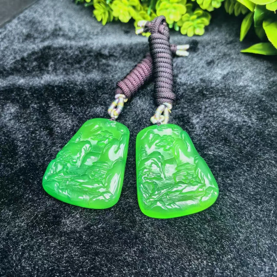 江德洋珠宝S1990东方永恒翠青翡玉玛瑙山水牌配绳-多样性只发一件