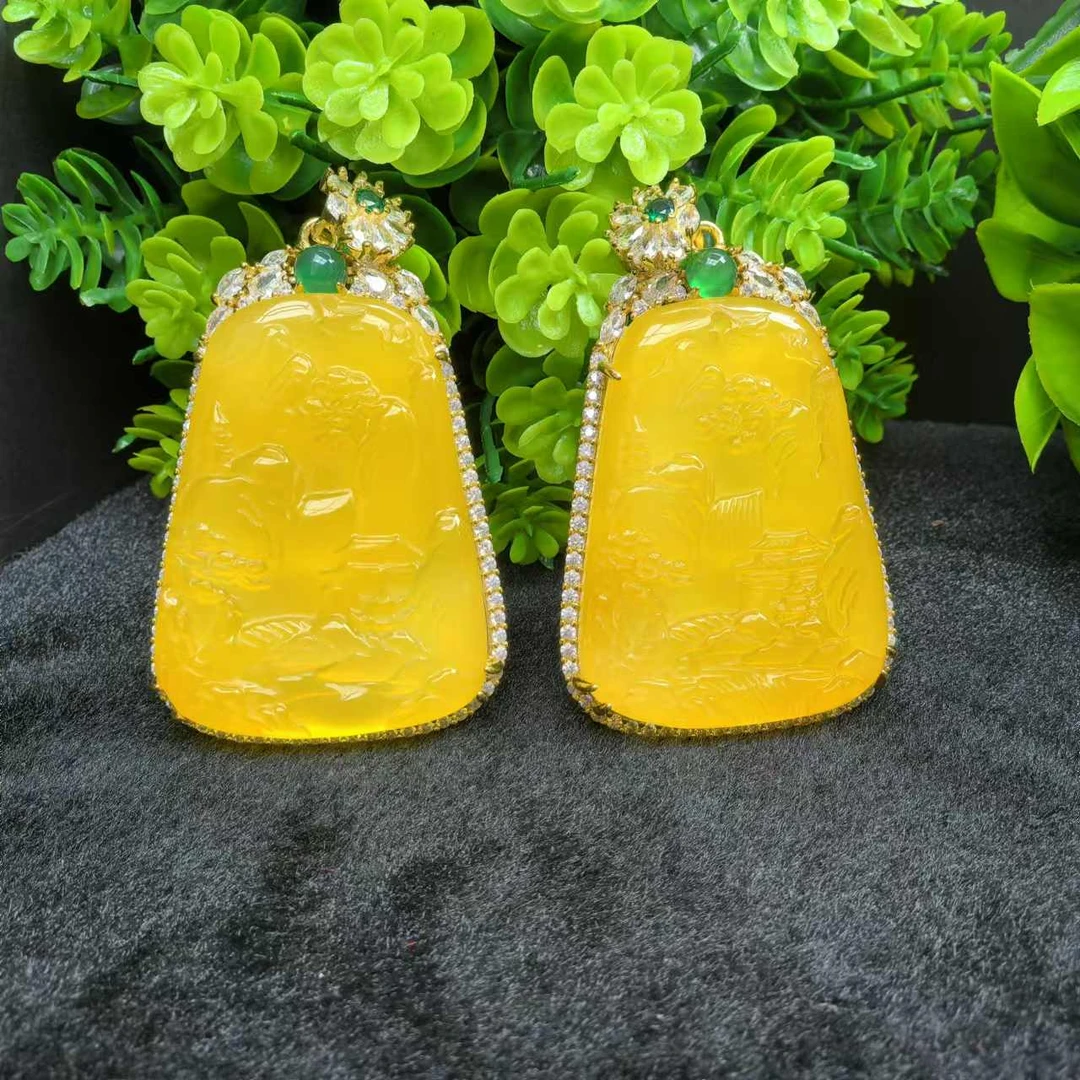 江德洋珠宝ST6625田黄冻玛瑙黄山水牌吊坠配链/绳-多样性只发一件