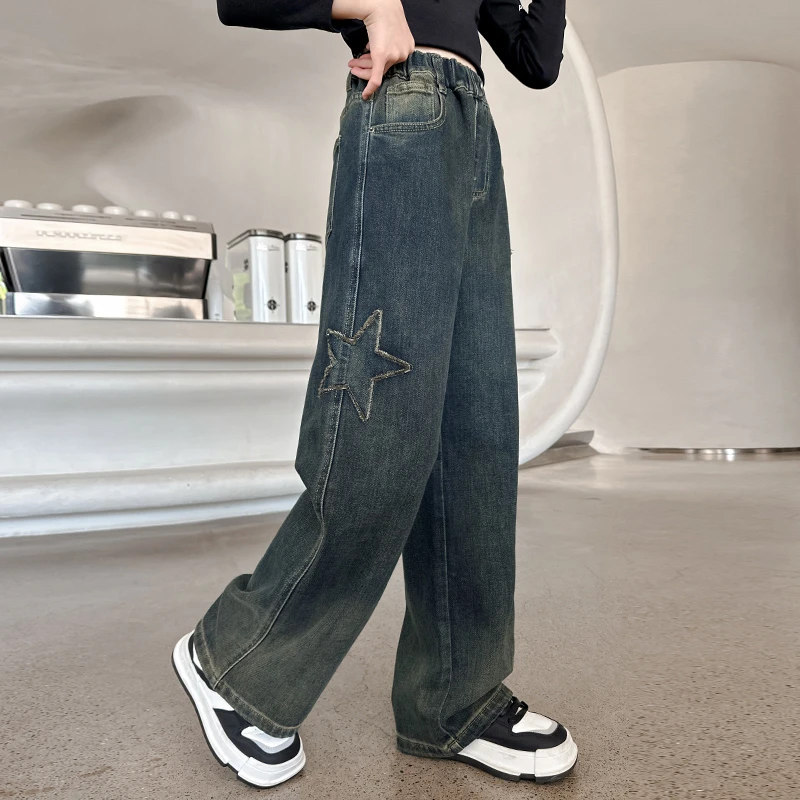 女童五角星阔腿裤6-12岁春秋季新款中大童儿童休闲洋气复古牛仔裤