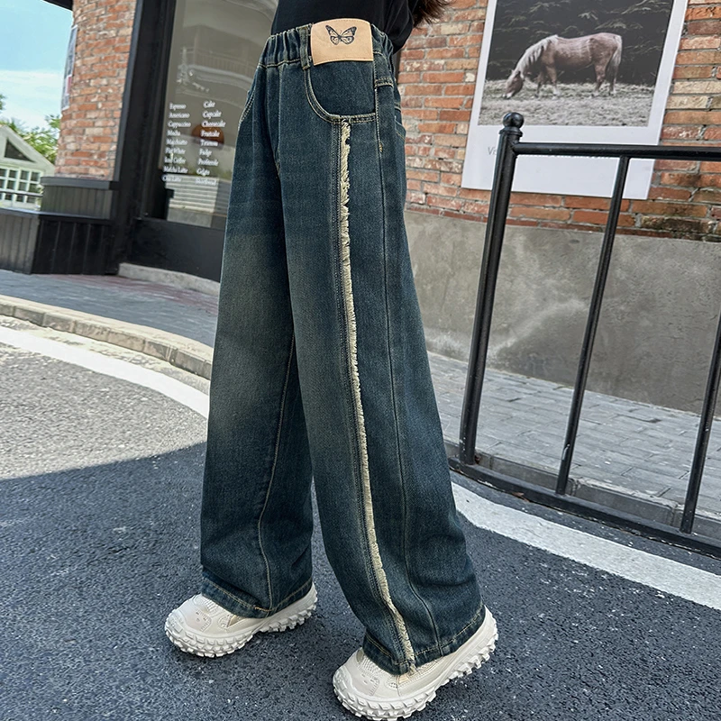 女童蝴蝶贴标牛仔裤春秋季新款中大童儿童时尚休闲6-12岁潮阔腿裤