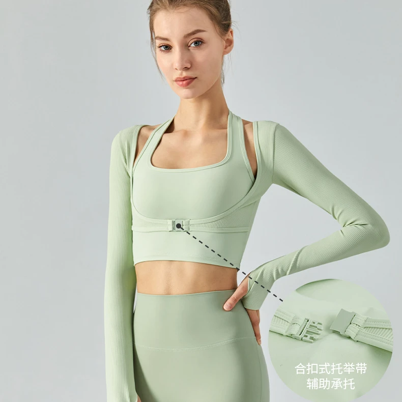 ALJS时尚挂脖假两件瑜伽显瘦女修身辣妹上衣免穿内衣跑步运动长袖