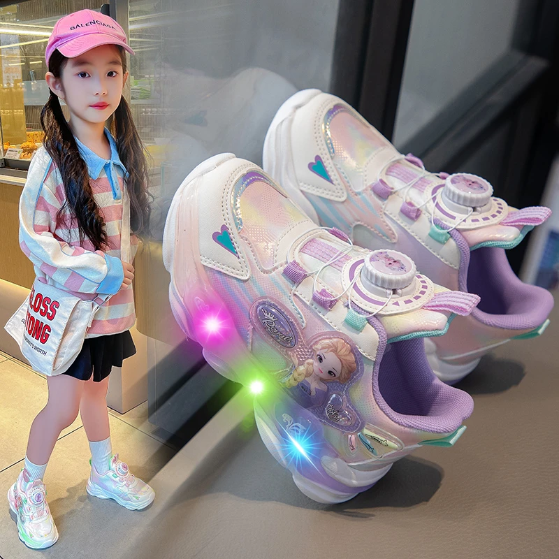 女童鞋子2024春秋儿童发光运动鞋加绒秋冬旋转纽扣小女孩公主洋气