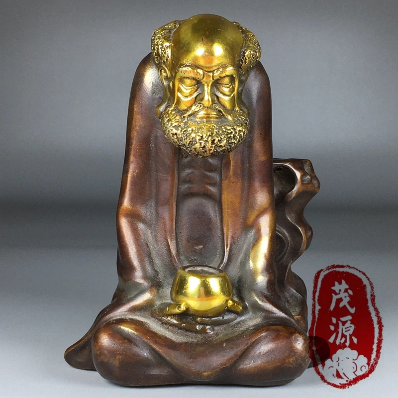 铜器紫铜鎏金达摩复古铜像倒流香炉手把件茶台茶宠