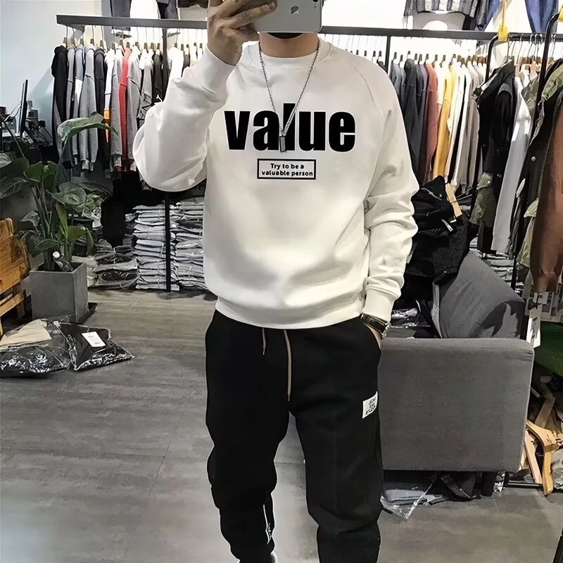 秋冬季新款潮牌字母印花圆领卫衣男士韩版宽松青年套头长袖打底衫