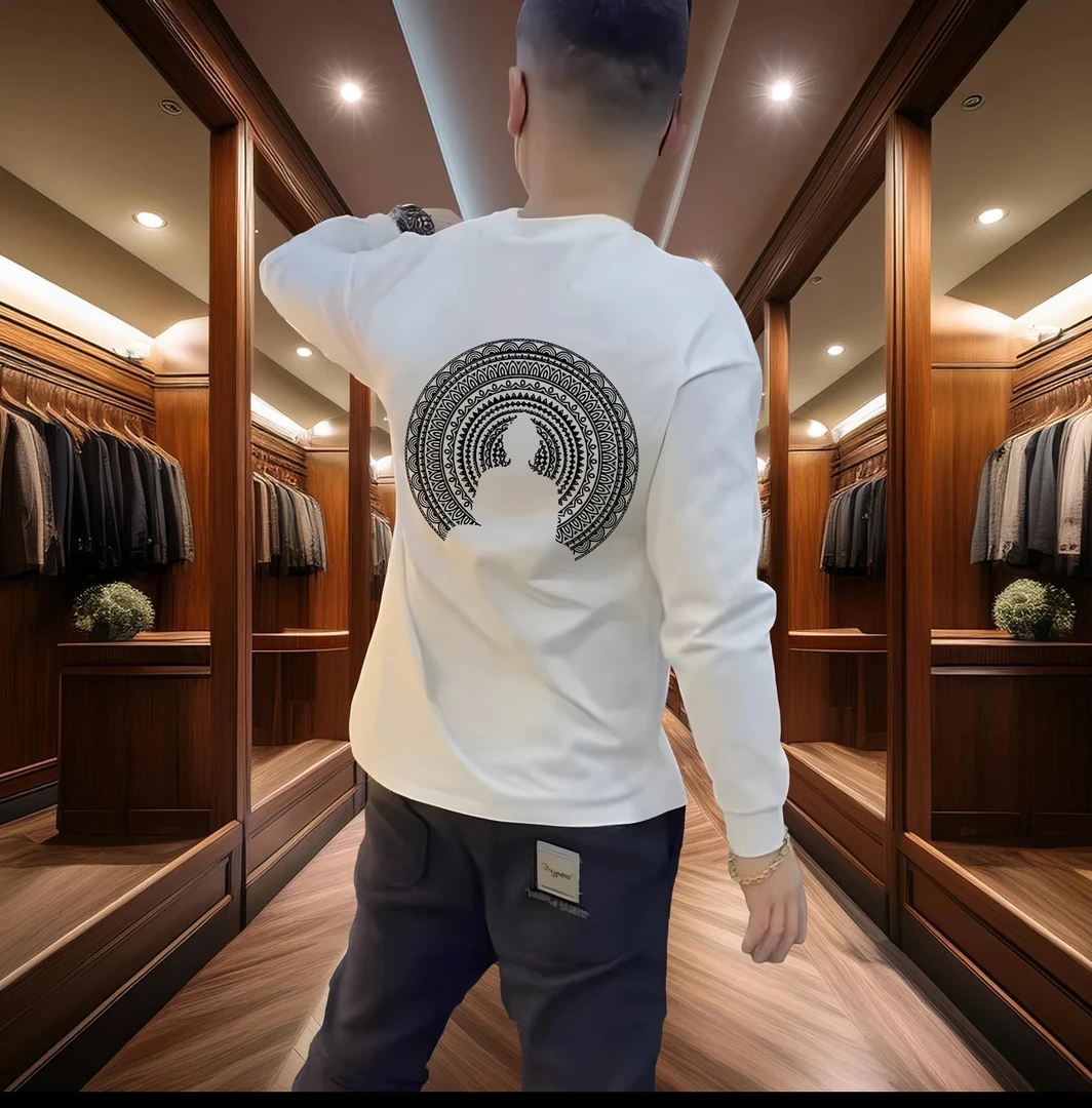 100%纯棉t恤男长袖2025早秋新款重磅印花打底衫圆领男士上衣百搭