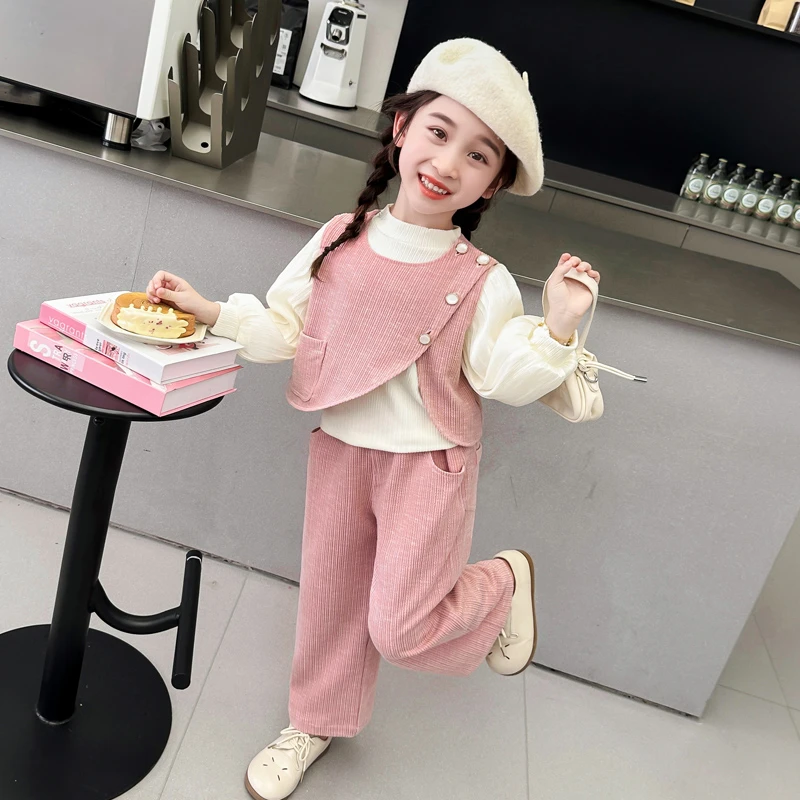 女童套装洋气休闲儿童春秋装小女孩蝴蝶结马甲三件套宝宝韩版新款