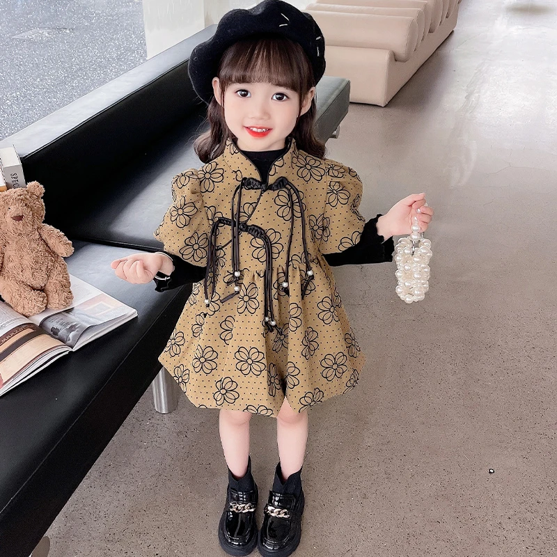 女童花朵连衣裙套装春季2024新款春装女宝宝洋气国潮汉服裙两件套