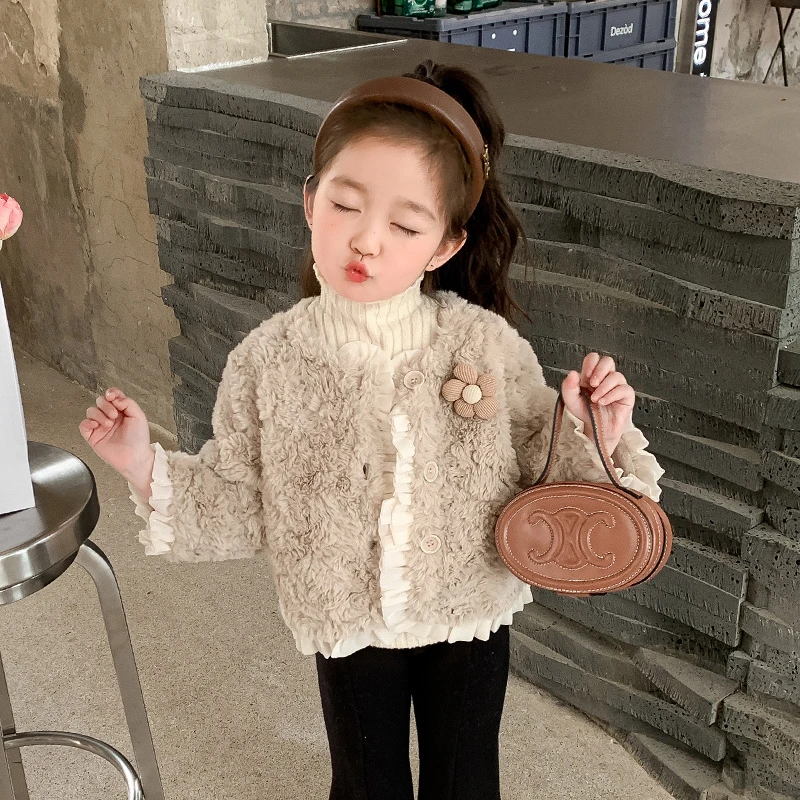1-9岁女童外套加绒加厚秋冬新款3宝宝洋气毛毛衣5女孩6小香风冬装