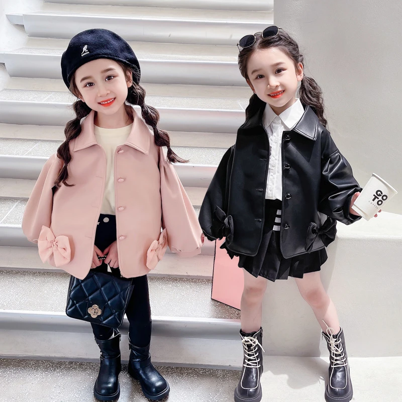 女童PU皮衣外套春秋款新款洋气儿童装潮款夹克网红女宝宝秋装上衣