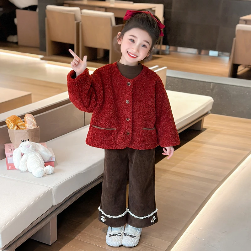 女童小香风加厚套装洋气儿童秋冬装小女孩毛毛衣外套加绒裤两件套