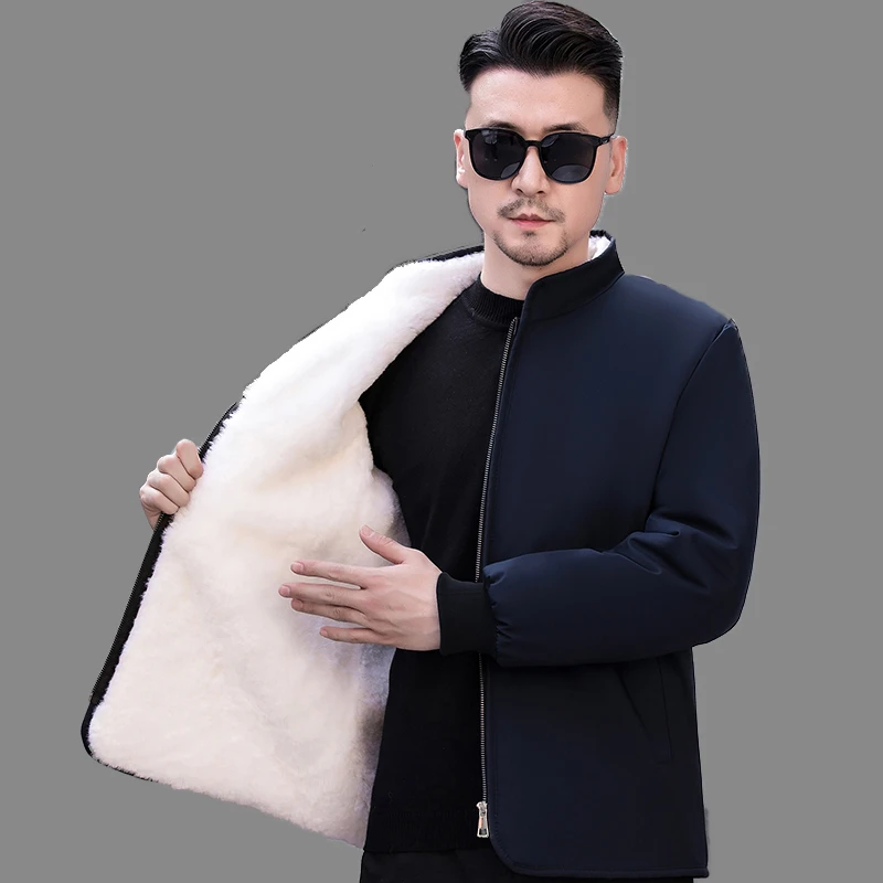 皮毛一体羊皮袄中老年立领宽松秋冬外套冬季加绒短款棉袄保暖上衣