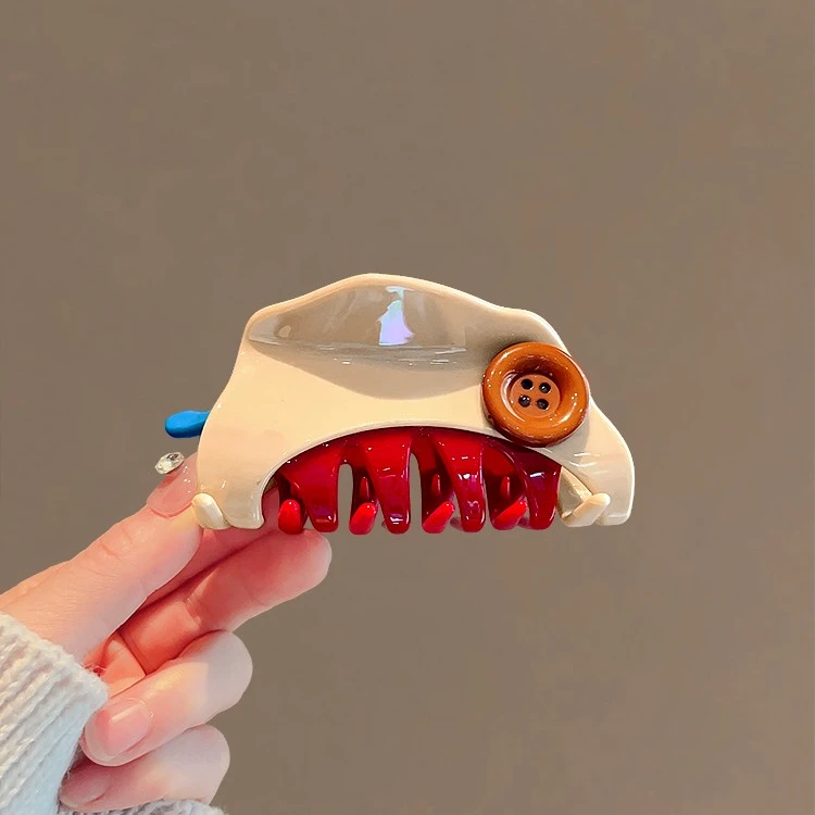 首闻设计纽扣抓夹时尚气质红色三角发夹拼色发卡半扎鲨鱼夹发抓子