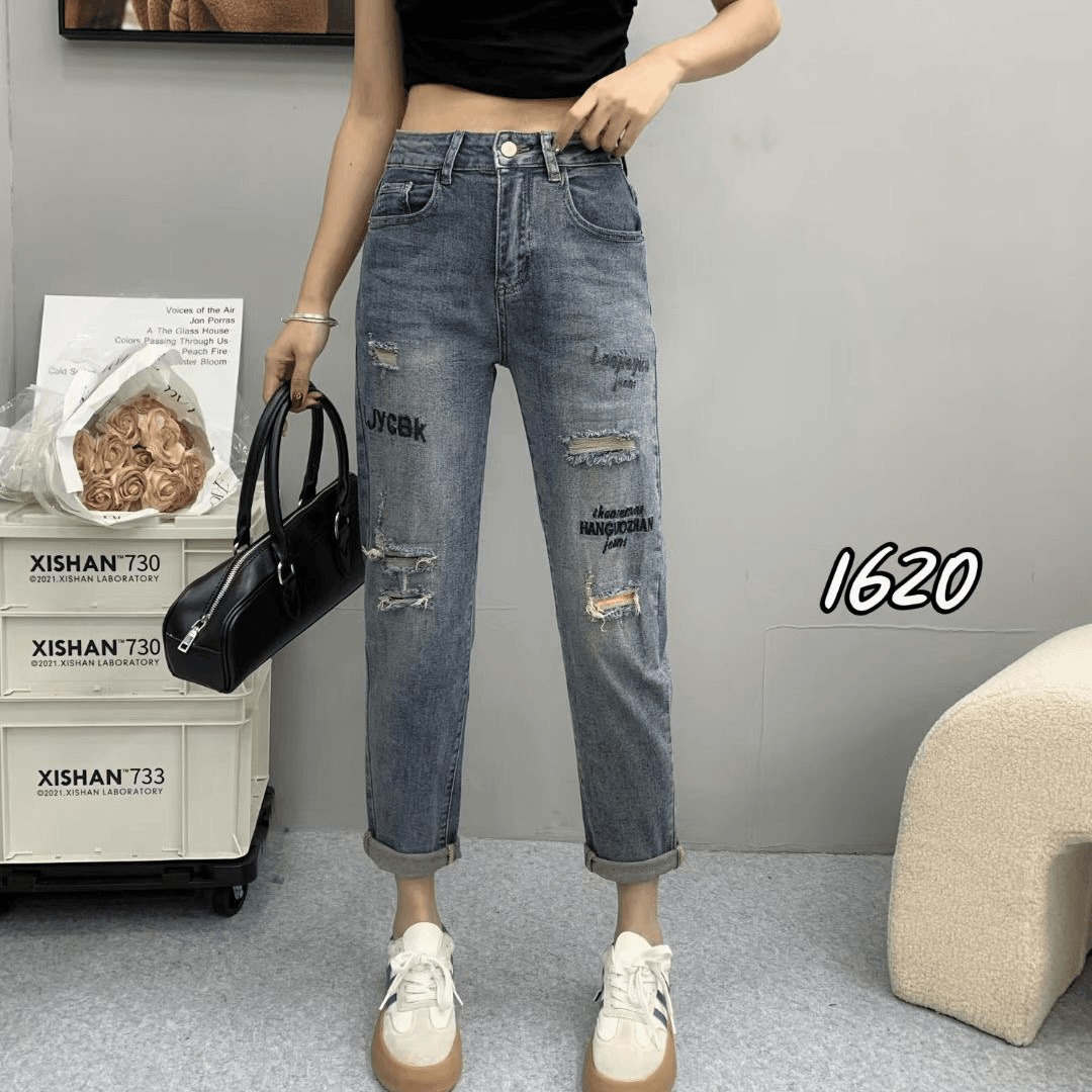 欧货老爹牛仔裤1620中高腰弹力重工刺绣百搭时尚气质女装