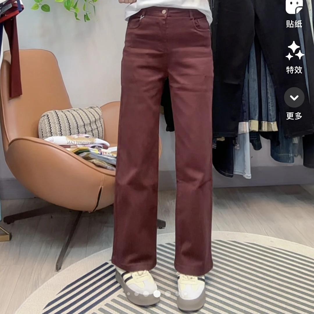 新款窄版阔腿牛仔棉裤2843中高腰弹力简约百搭显瘦女裤
