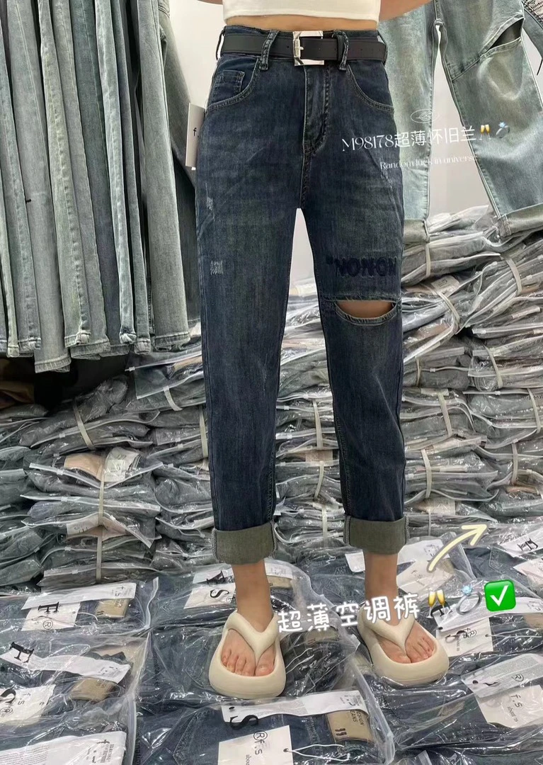欧货潮流老爹牛仔裤98178中高腰弹力镂空破洞牛仔女装