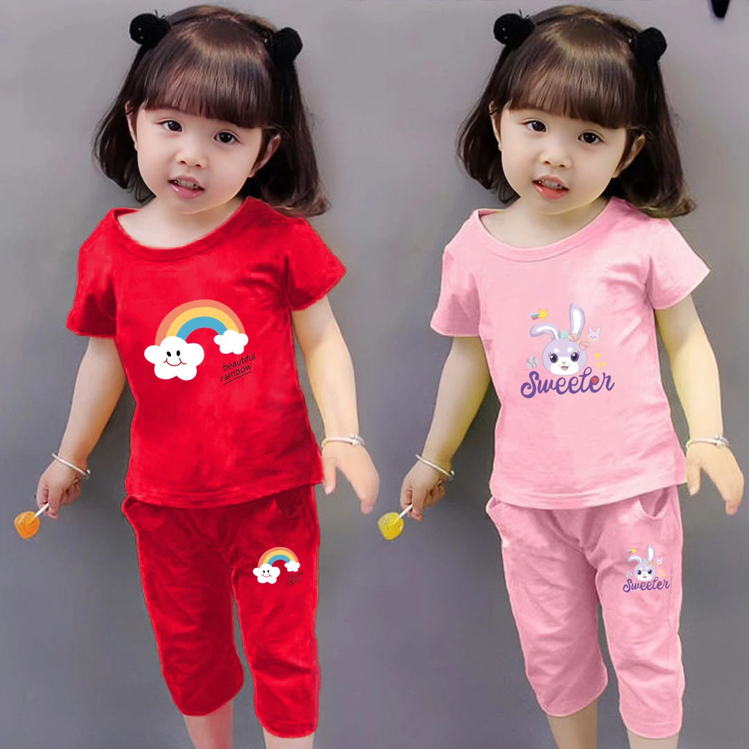 女童夏季100%棉短袖套装儿童2025夏装韩版圆领两件套透气夏季套装