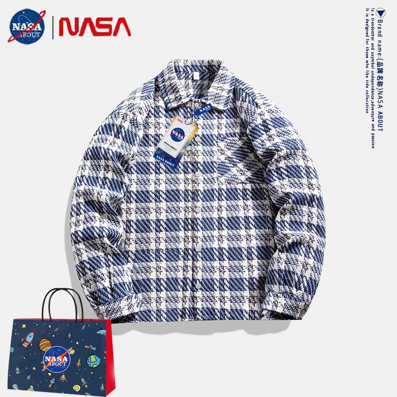 NASA联名小香风外套男春秋季高级感格子衬衫翻领帅气情侣宽松夹克