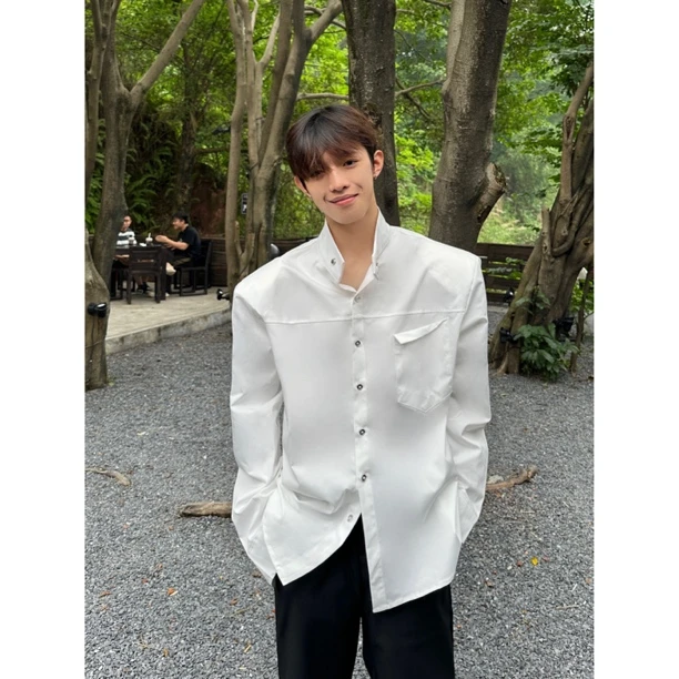 LINQCSEVEN/高级感小众设计垫肩衬衫男痞帅黑色廓形长袖纯色衬衣