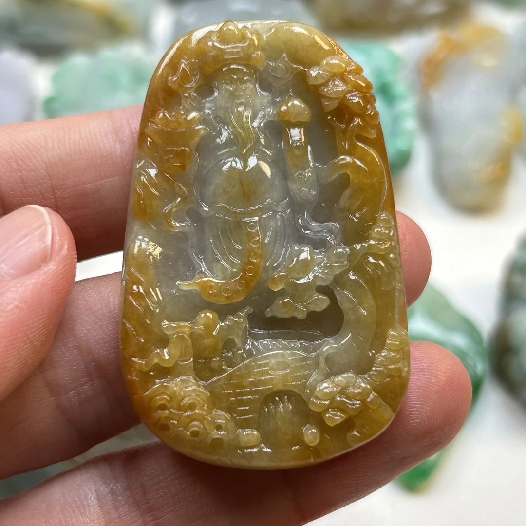 天然缅甸翡翠A货黄翡精雕山水财神吊坠老坑老种玉石玉器招米挂件