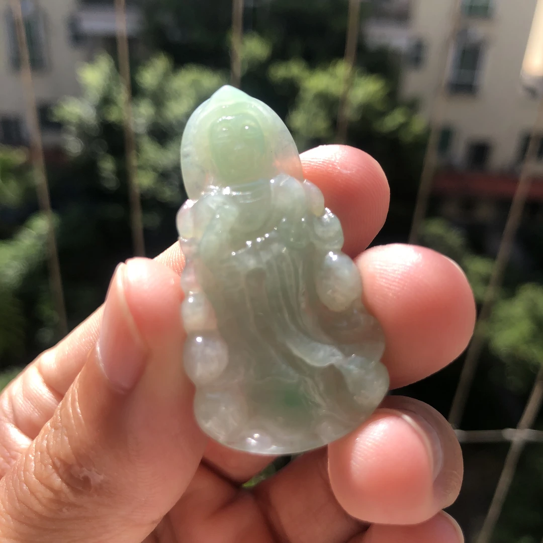 【缅甸翡翠】天然缅甸翡翠A货冰透满绿色观音