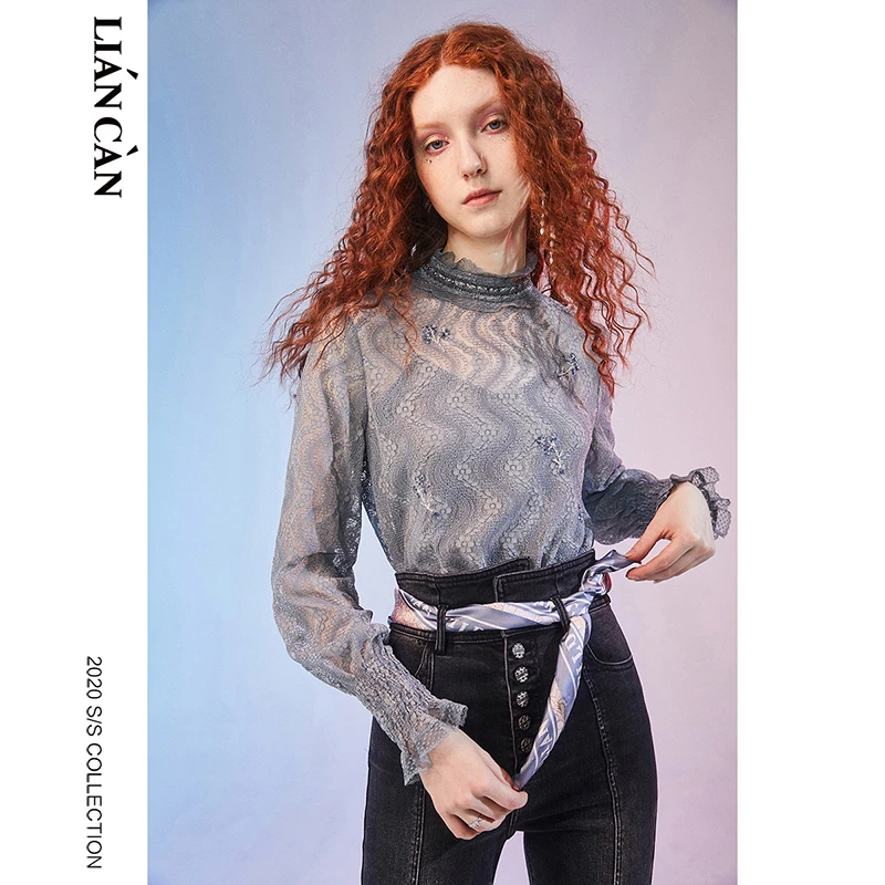 【莲灿】原创设计浪漫刺绣立领花边吊带雪纺长袖蕾丝衫女7120319004