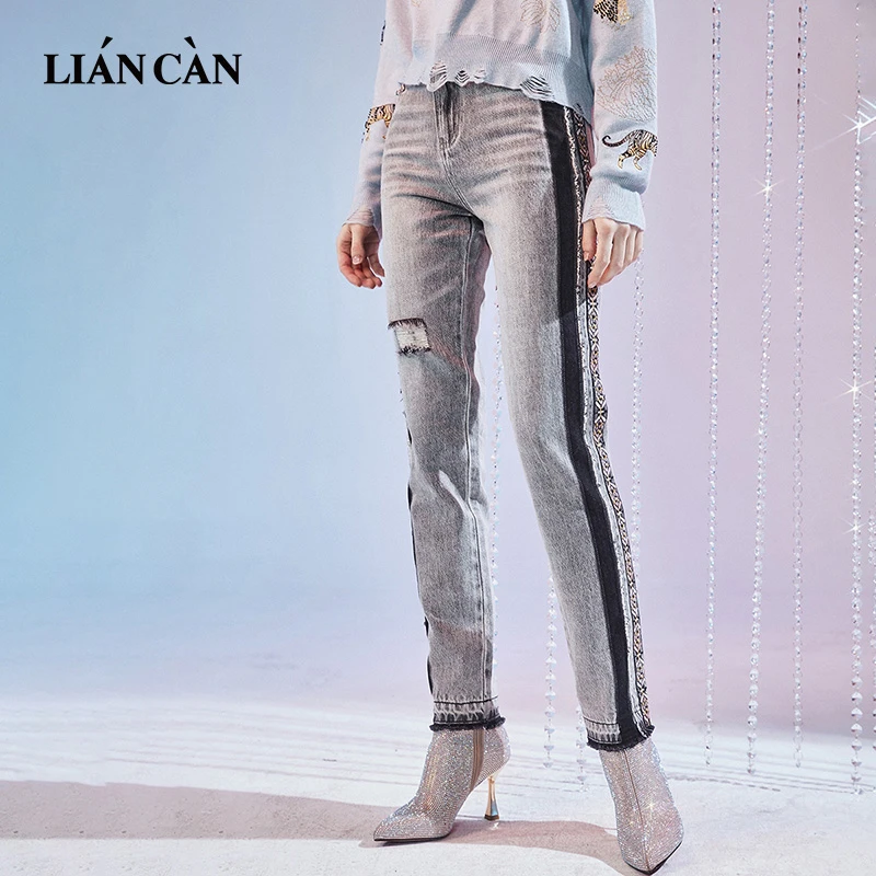 莲灿2024年秋冬新款个性丹宁刺绣毛边破洞直筒牛仔裤7120445005