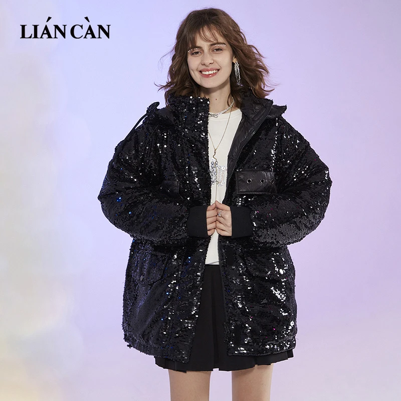 莲灿2024专柜同款时尚休闲连帽亮片面包服中长款羽绒服71AW374006