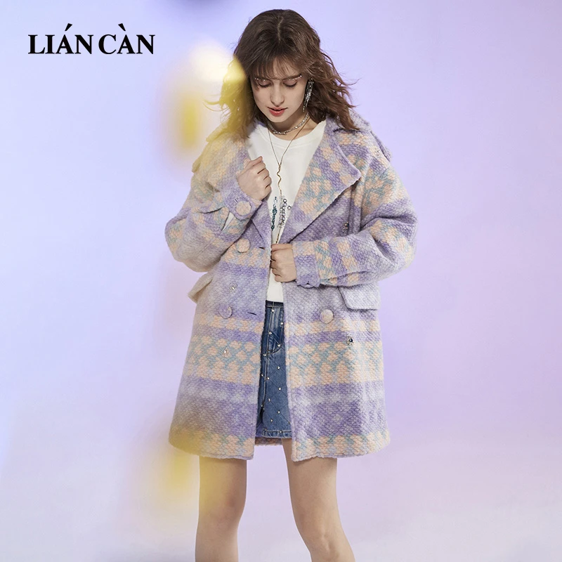 莲灿2024年软糯芋泥紫色多巴胺小香风中长款毛呢外套71AW369001