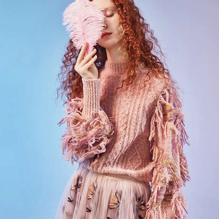 莲灿2024秋冬新半高领纽花流苏提花针织毛衣气质7120434015