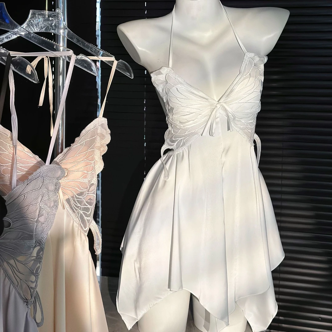 【蝴蝶梦境】性感蕾丝吊带睡裙带胸垫纯欲挂脖蝴蝶轻奢外袍薄款大码