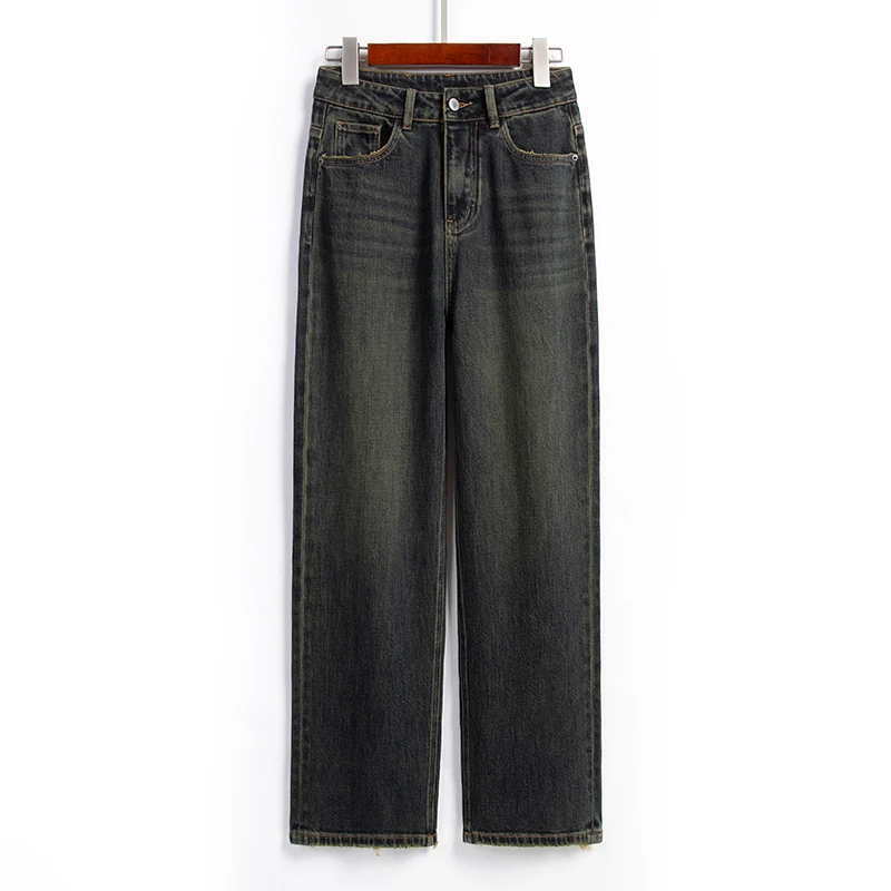窄版直筒复古阔腿牛仔裤休闲水洗高腰秋季宽松棕色HH11267U