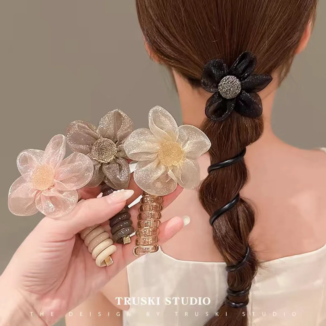 网纱花朵电话线儿童发圈女童发绳高弹力耐用女孩橡皮筋扎马尾头绳