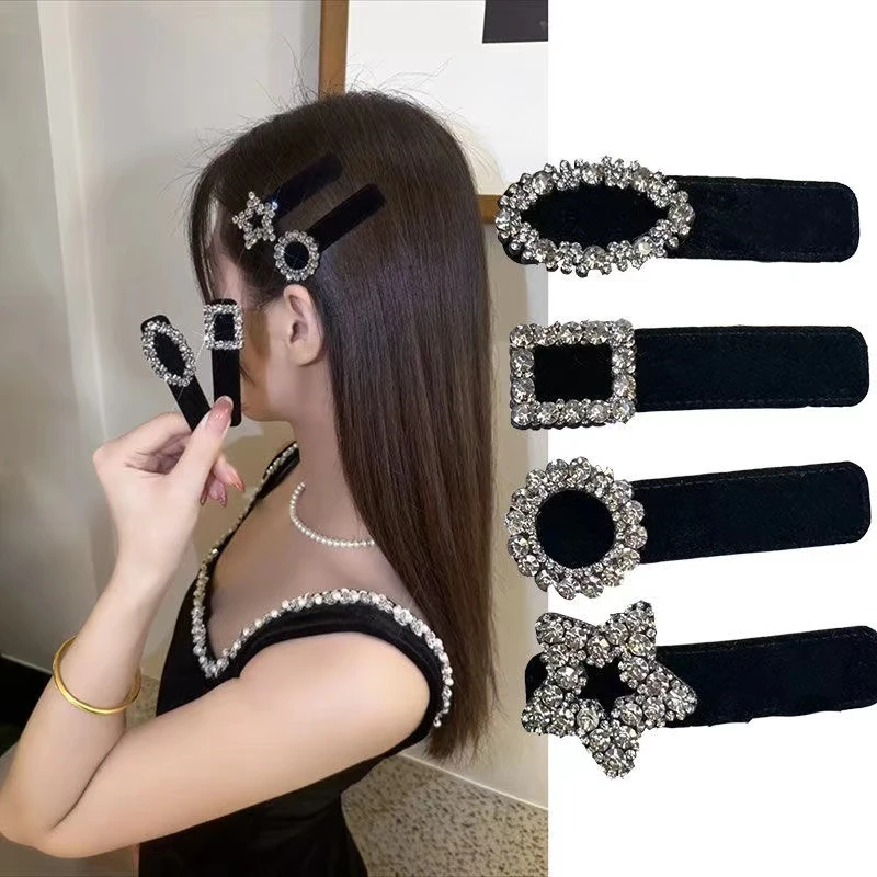 秋冬黑色小香风丝绒BB夹气质女后脑勺发夹水钻高级感边夹发卡夹子