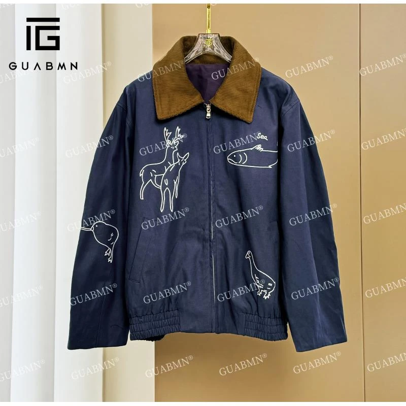 GUABMN2024秋季新款宽松拉链复古文艺趣味拼色翻领工装外套3625