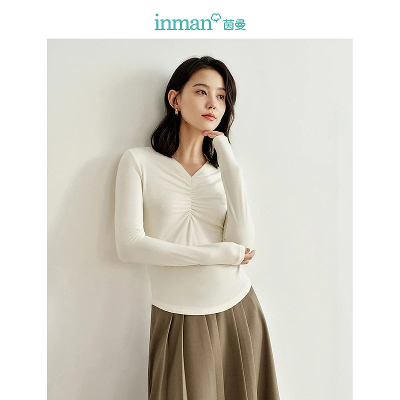 【女装】茵曼2024春秋新款女T恤打底衫上衣长袖显瘦时尚休闲气质V领