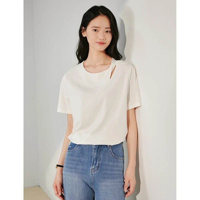 茵曼2024夏季新款女T恤上衣短袖显瘦时尚洋气休闲圆领黑色镂空