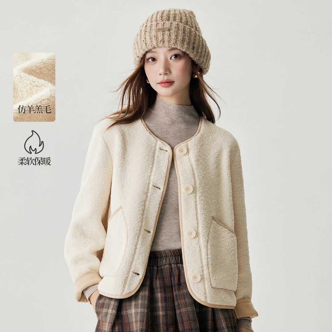 茵曼2024冬季新款女棉衣/棉服外套保暖小上衣羊羔短休闲长袖圆领