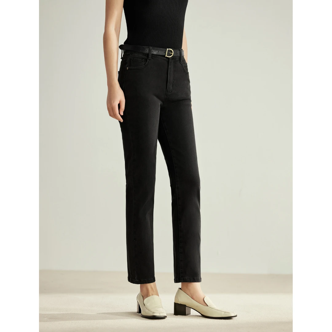 【商场同款】茵曼春秋新款女牛仔裤小脚筒裤紧身九分黑色高腰